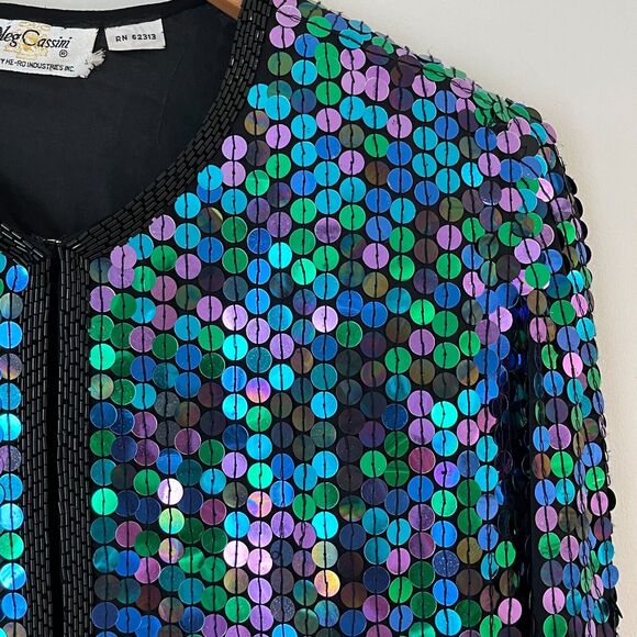 VTG Oleg Cassini All Over Sequin Silk Jacket Glam Evening Colorful Oversized M - Picture 5 of 15